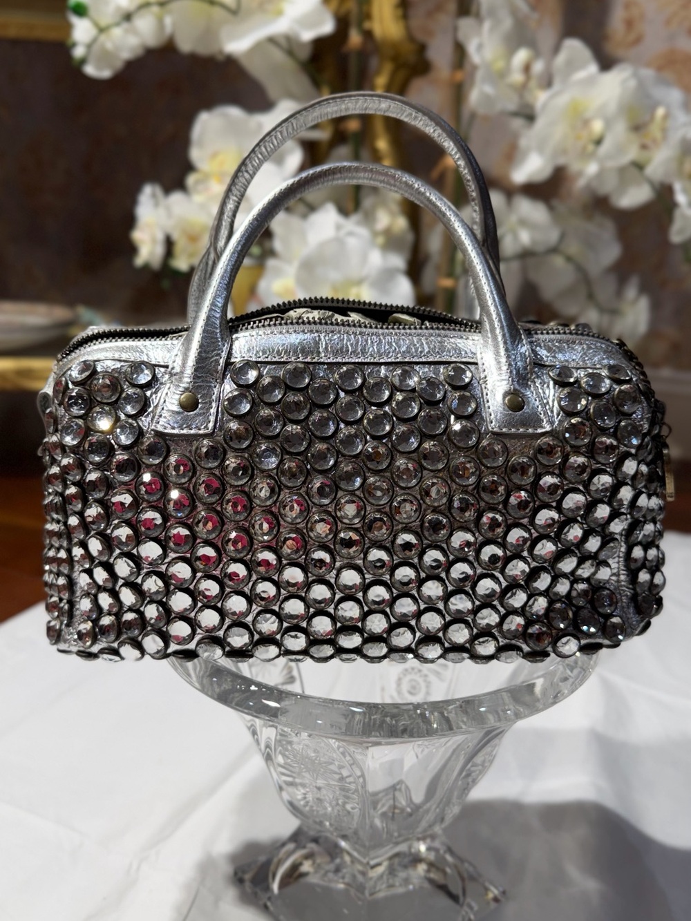 Betsey Johnson Silver Crystal-Embellished Mini Top-Handle Bag